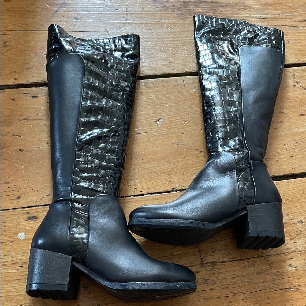 Elegant Black Croc-Pattern Over the Knee Boots